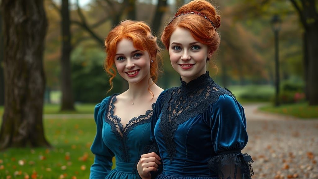 Victorian Mother and Daughter Stroll in Whimsical Park