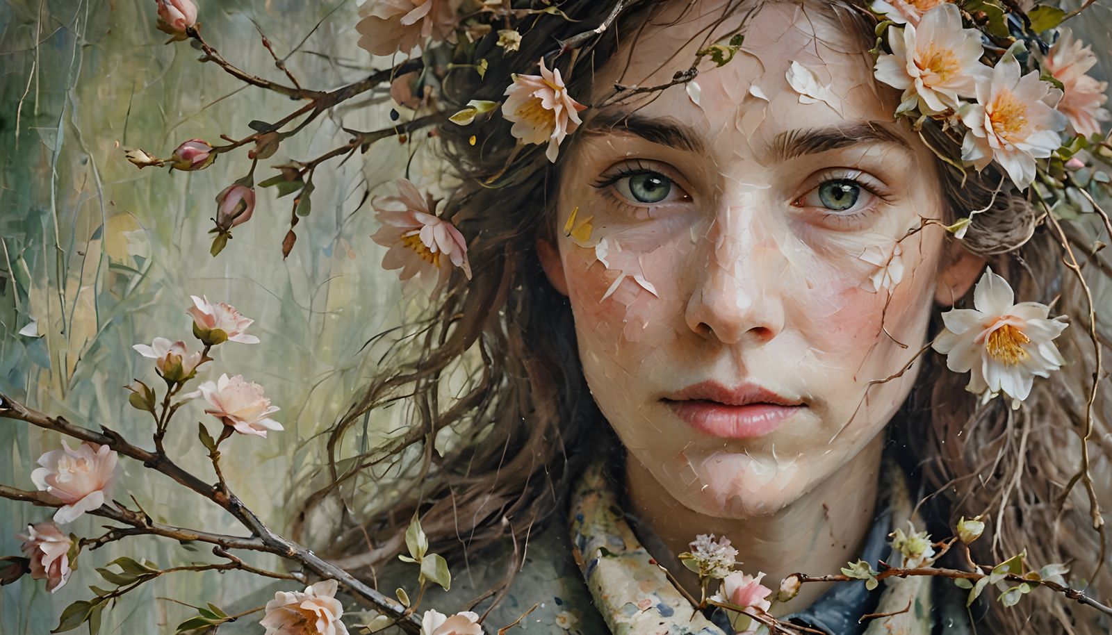 Enhanced Portrait of Woman with Flowers and Canvas Texture