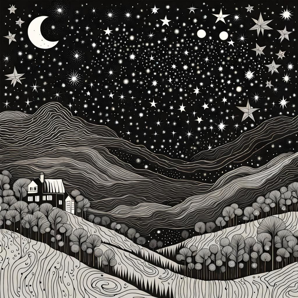 Monochrome Starry Night Illustration in Graphic Style