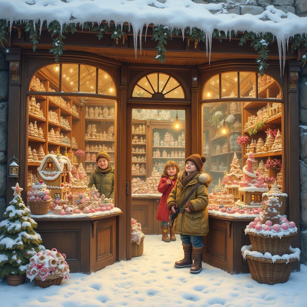 Vintage-Style Candy Shop in Whimsical Winter Wonderland
