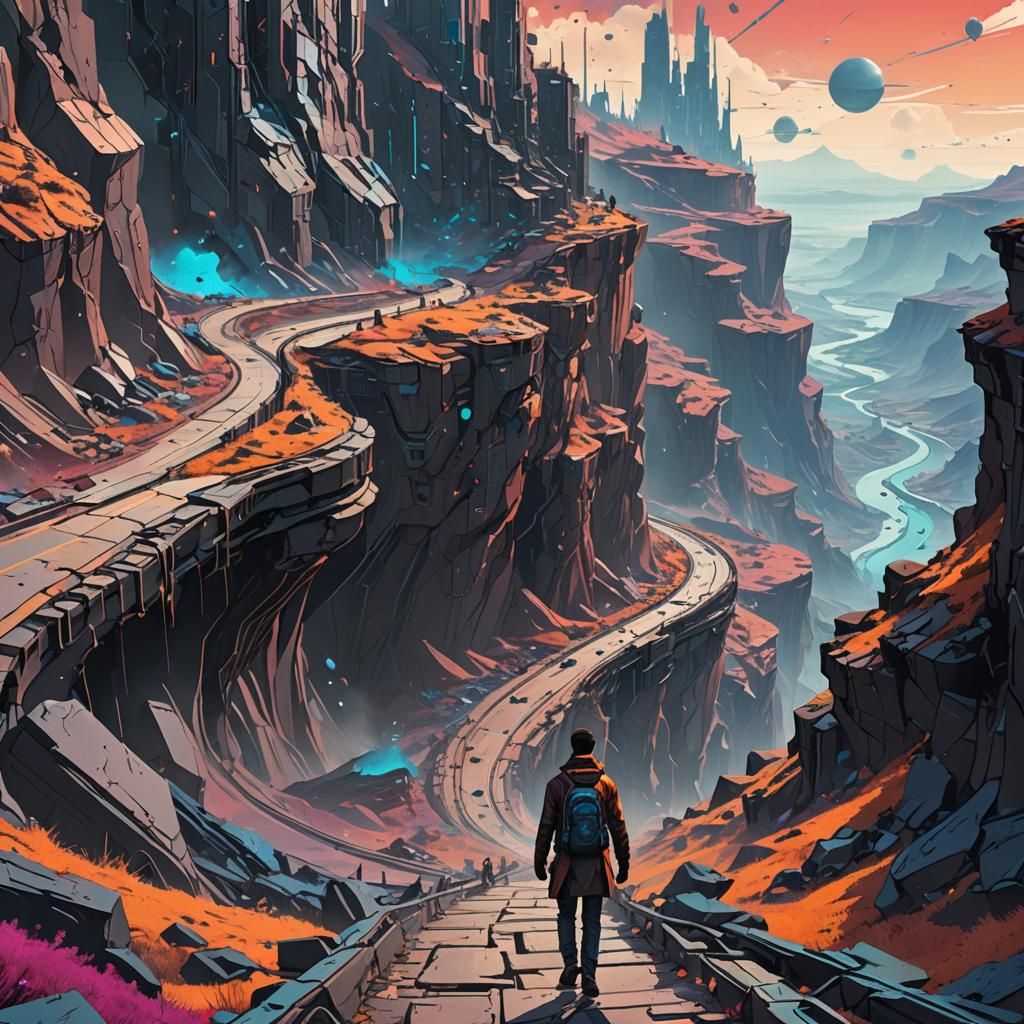 Apocalyptic Traveler on Winding Road: Vivid Digital Art