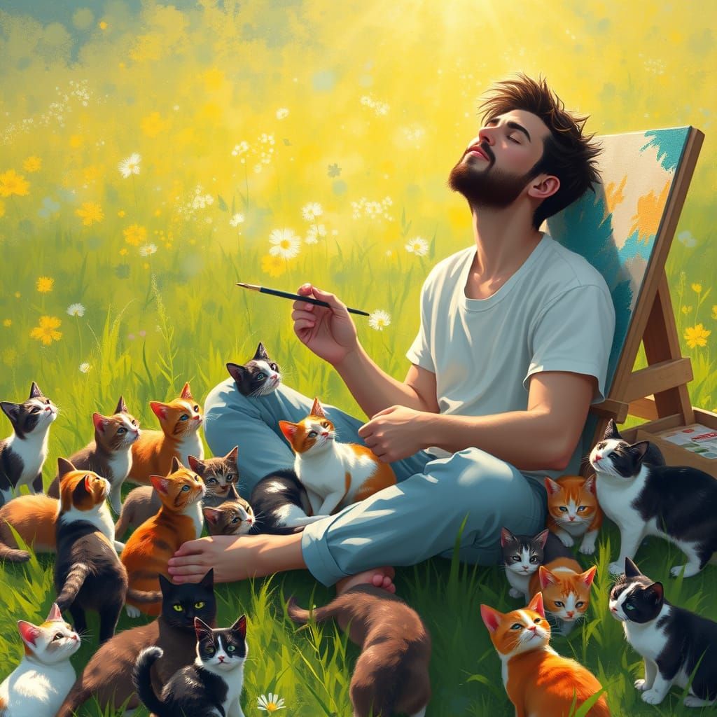 Artist Surrounded by Cats in a Lush Meadow Scene