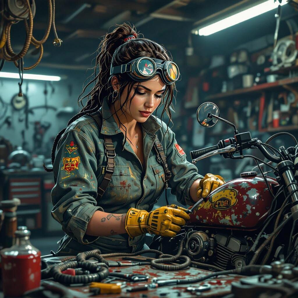 Medusa, Motorcycle Mechanic in Gritty Industrial Garage
