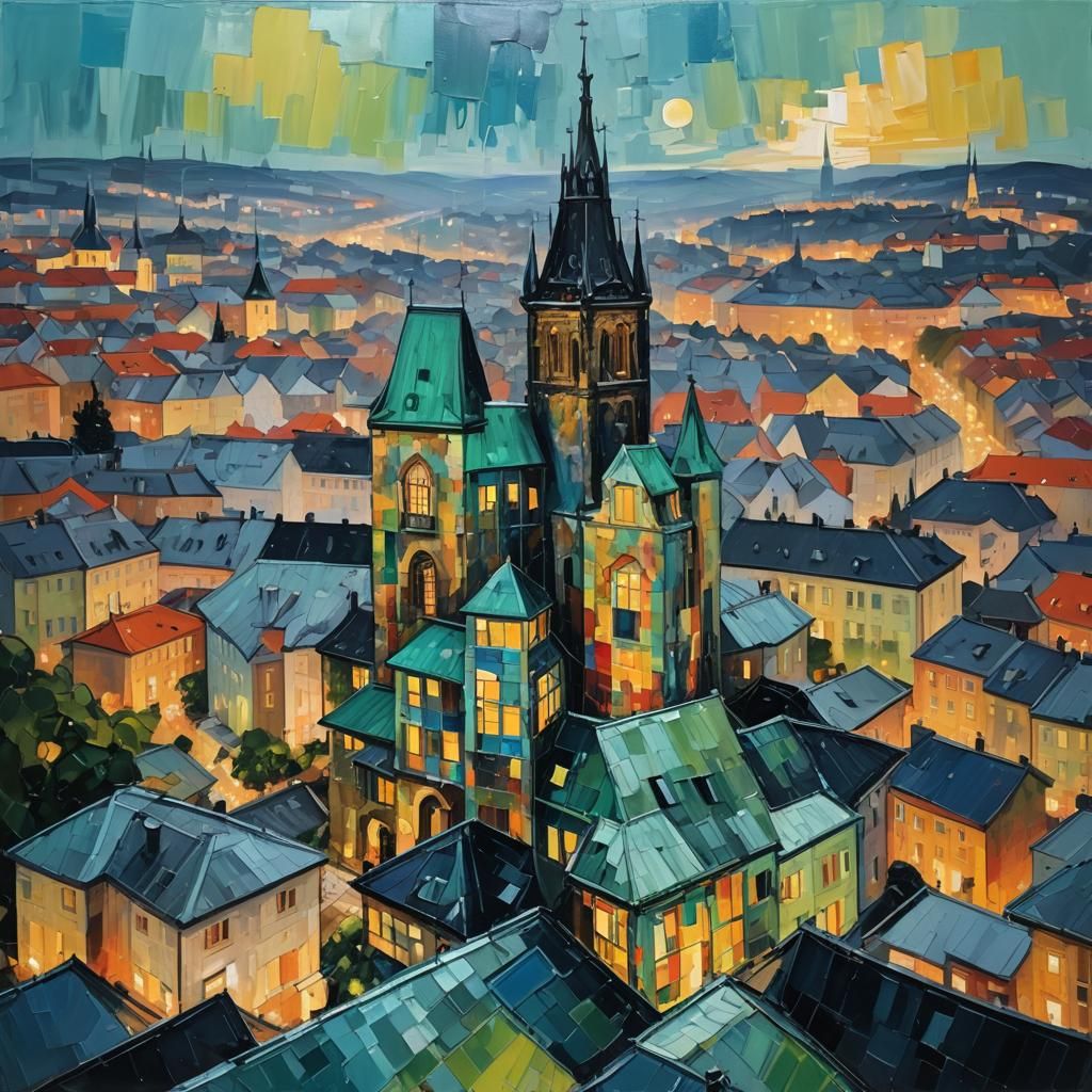 Neo-Expressionist Prague Villa Reflecting City Lights
