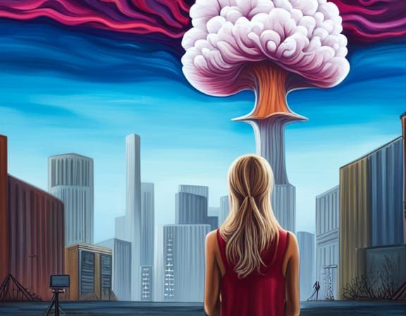 Young Woman Watches Pink Mushroom Cloud: Graffiti Art