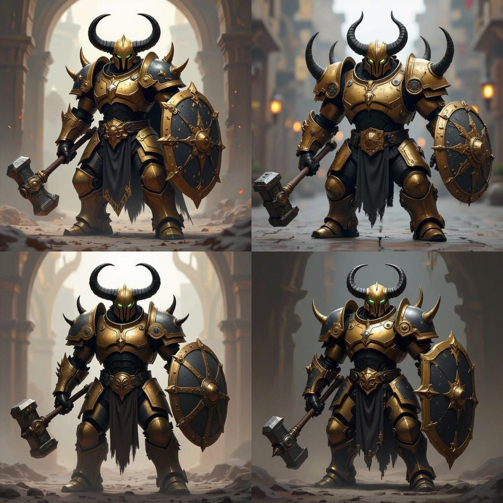 Golden Black Warforged Juggernaut with Warhammer and Shield