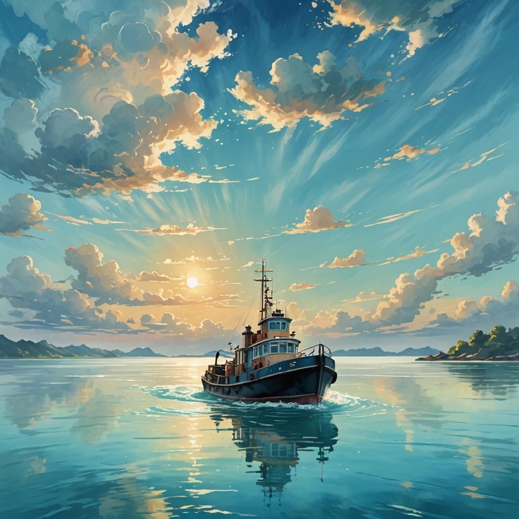Tugboat Sails on Turquoise Waters: Anime Style