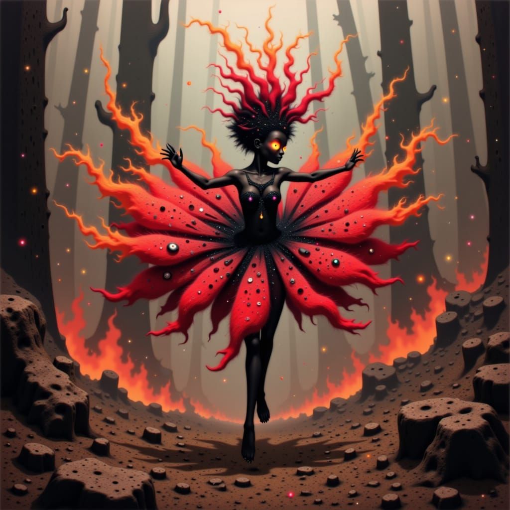 Fiery Sprite Pirouette in Charred Landscape