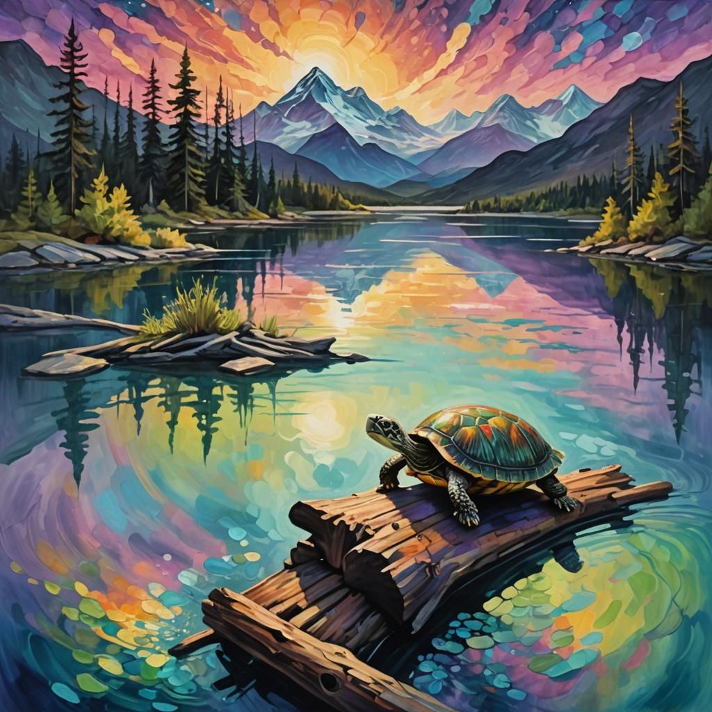 Impressionist Turtle in Mountain Lake Landscape