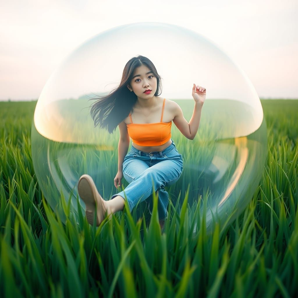 Korean Teen's Surreal Bubble Journey: Miyazaki-Inspired Art