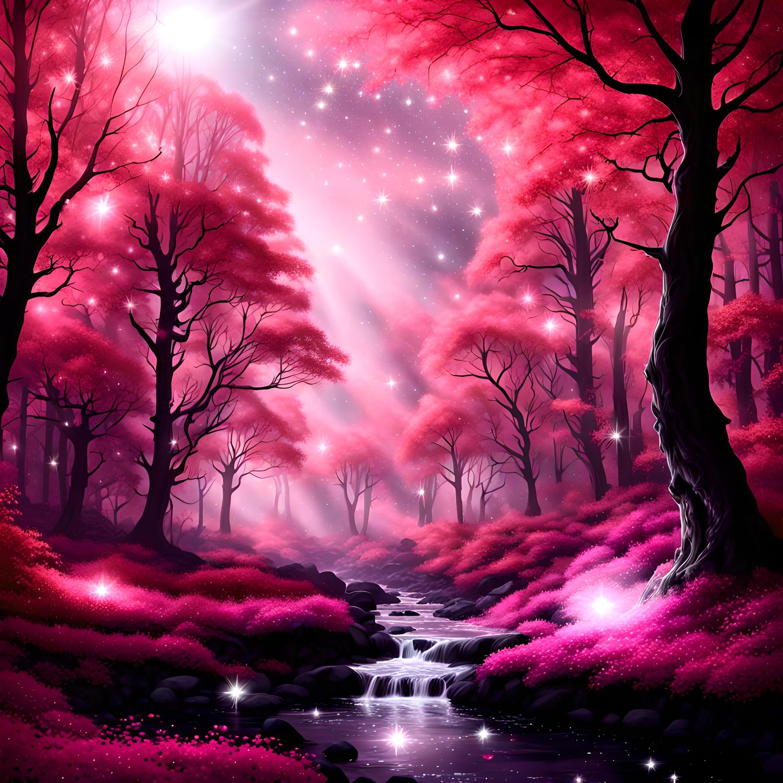 Beautiful fantasy forest, black black night, bright bright stars, glimmring sparkling, by daeni