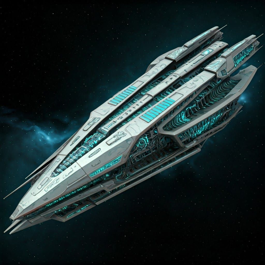 Sleek Metallic Starship with Turquoise Accents and Bio-Mecha...