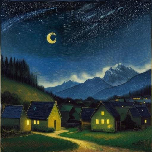 Village Under Swirling Starry Sky as Expressionist Oil Paint...