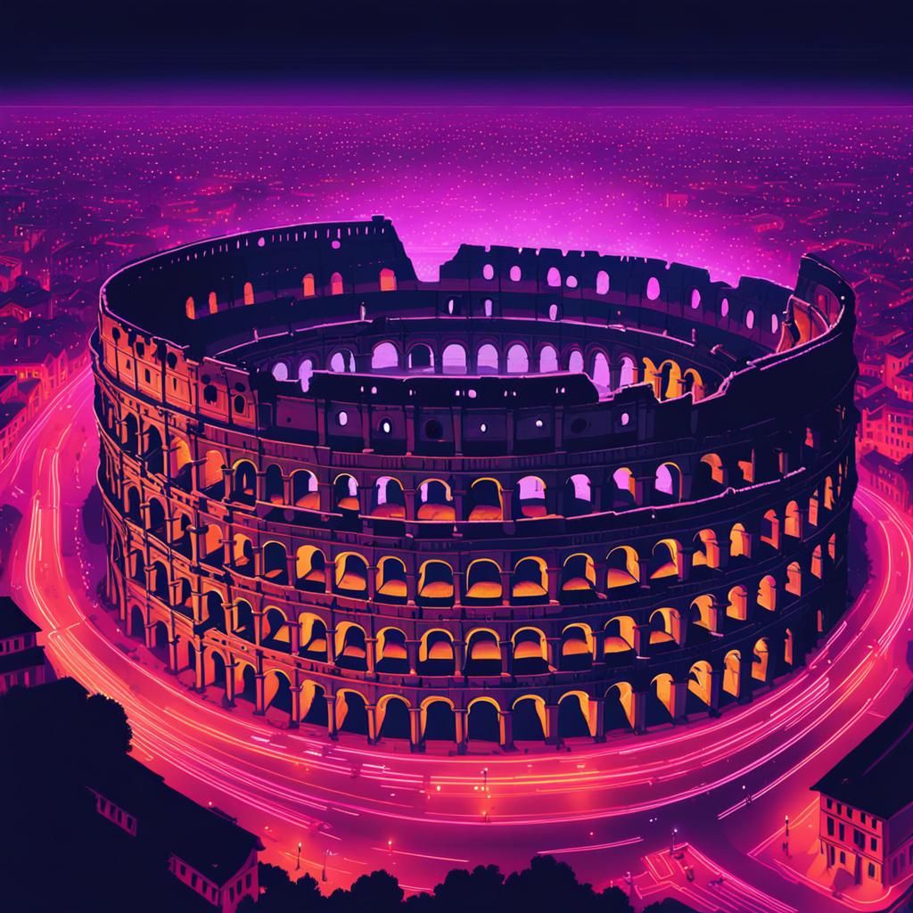 Colosseum at Night in Synthwave Neon Style