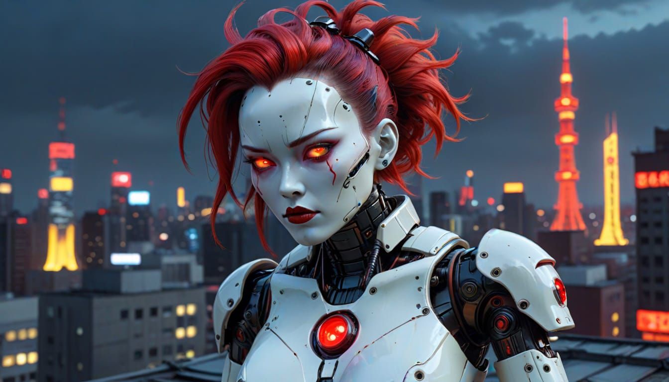 Terrifying Gynoid Robot on Rooftop in Cyberpunk City