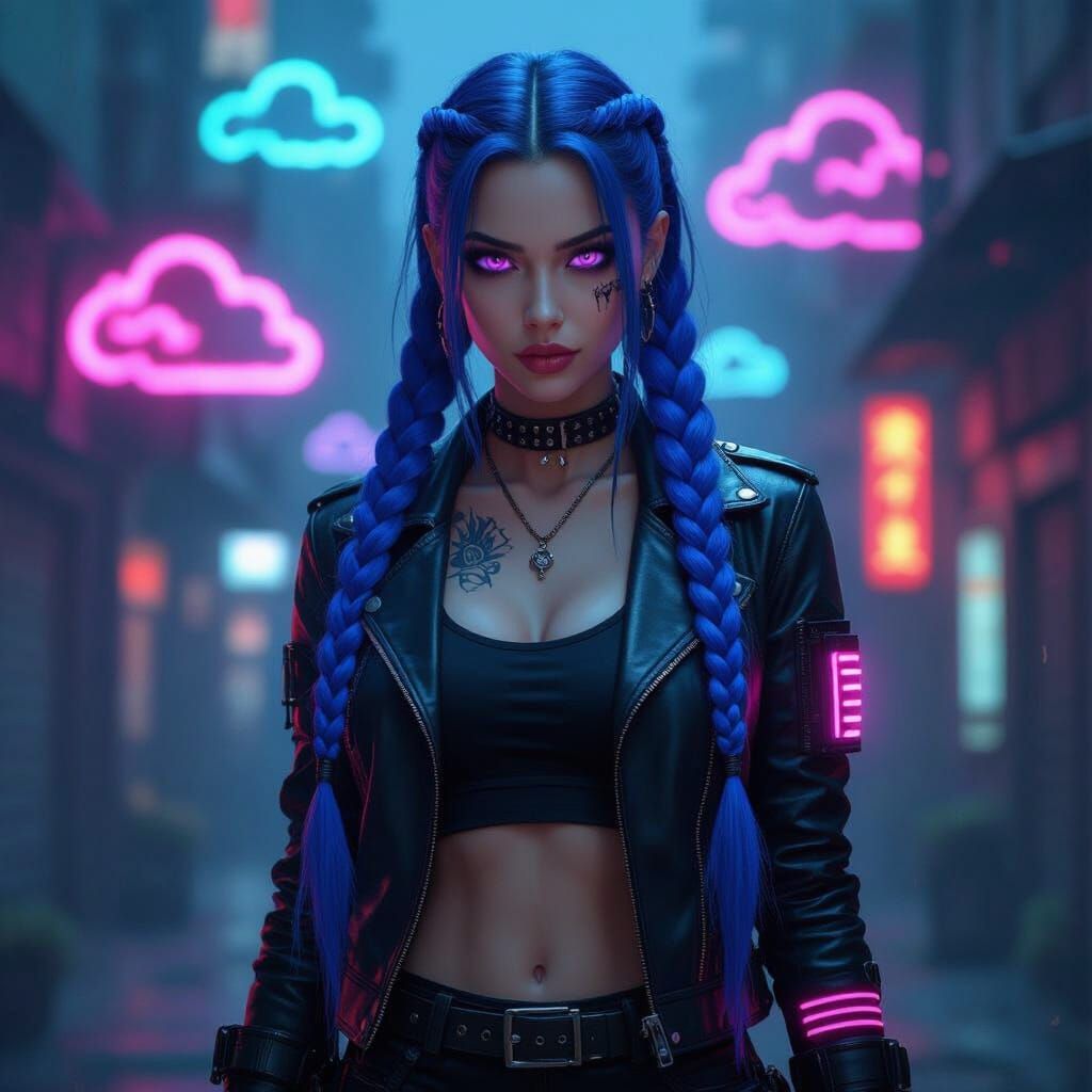 Cyberpunk Ladykiller with Neon Pistol and Cloud Tattoos