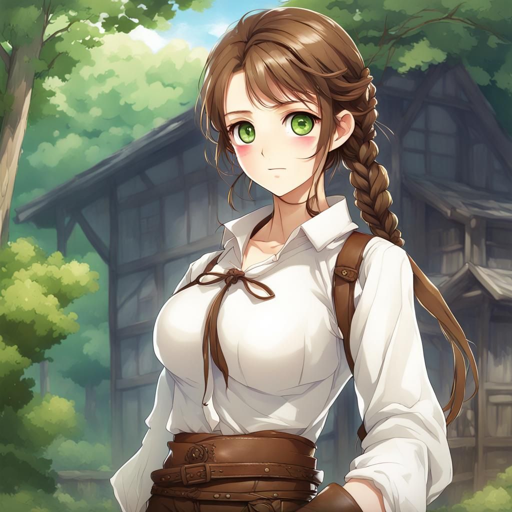 Anime Cottagecore Maiden with Braid and Green Eyes