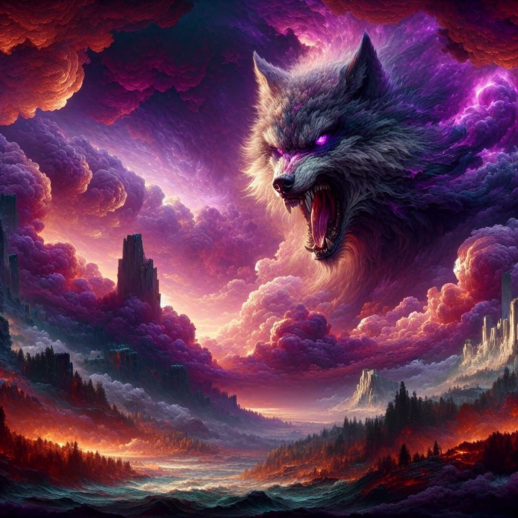 Angry Wolf Under Purple Sky: Digital Concept Art