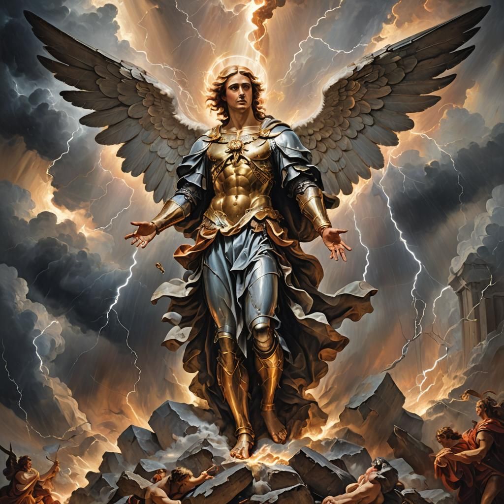 Archangel Amidst Fallen Angels in Baroque Oil Painting