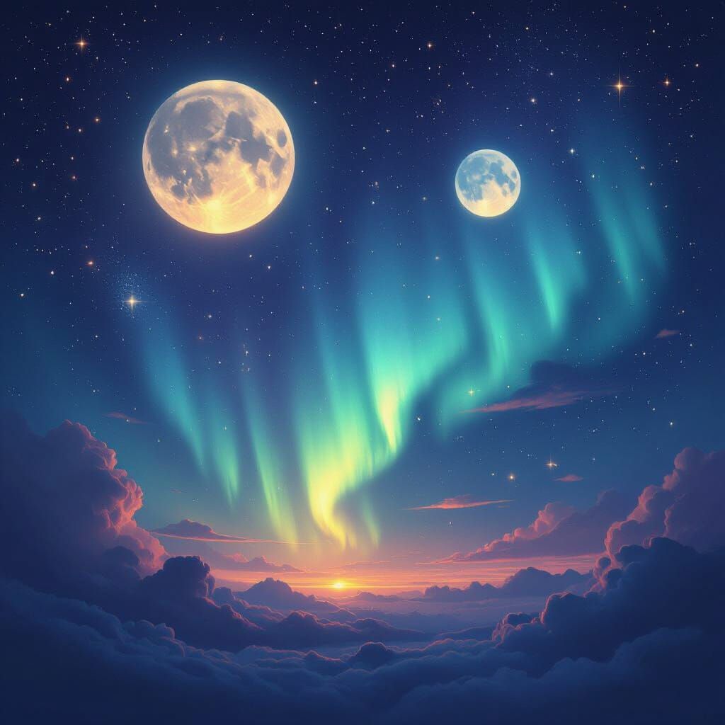 Celestial Aurora Lighting Night Sky with Two Glowing Moons