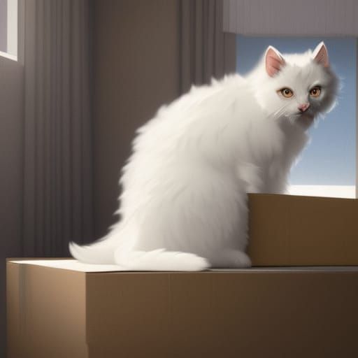 Fluffy White Cat Curled Up in Cardboard Box