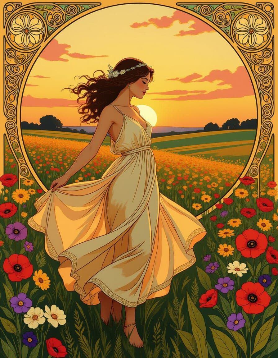 Woman Dancing at Sunset in Art Nouveau Style