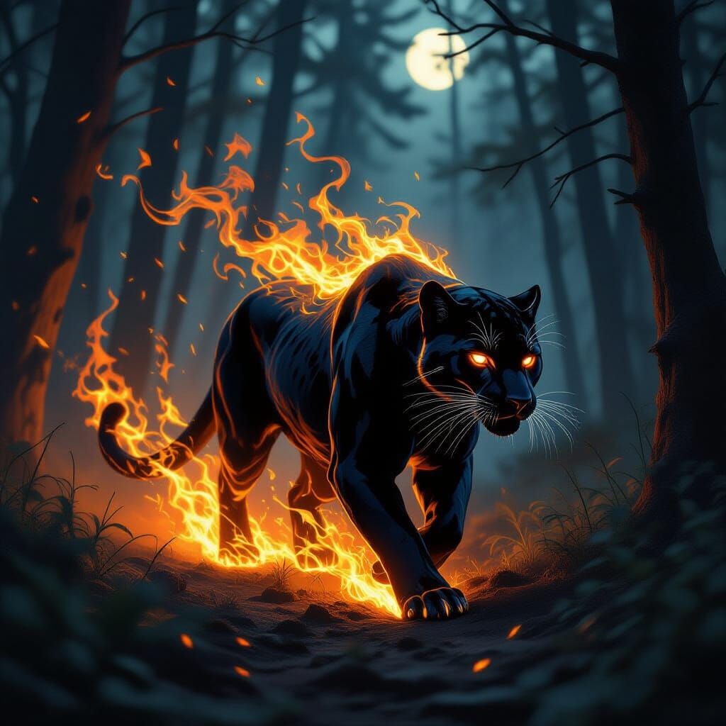 Flaming Panther with Ember Heart in Dark Forest