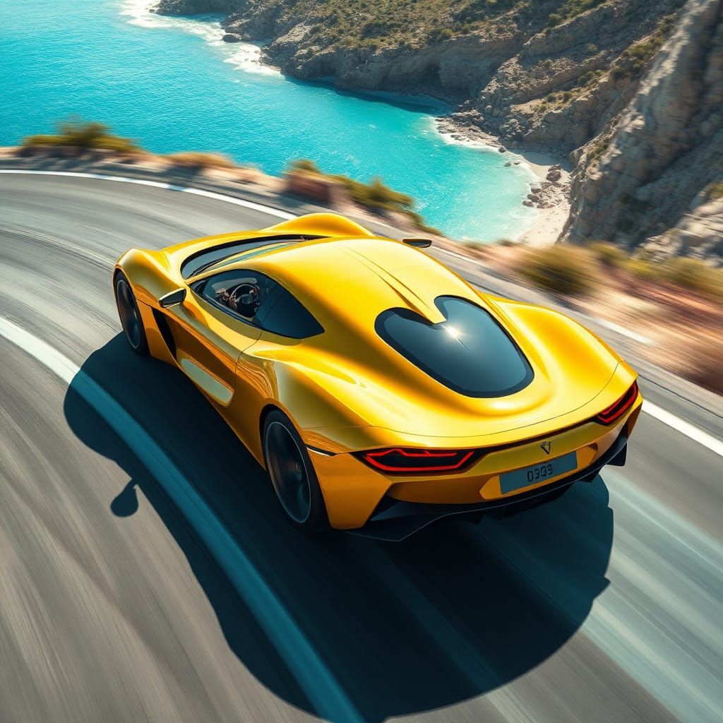 Yellow Sports Car on Coastal Road in Digital Art Style
