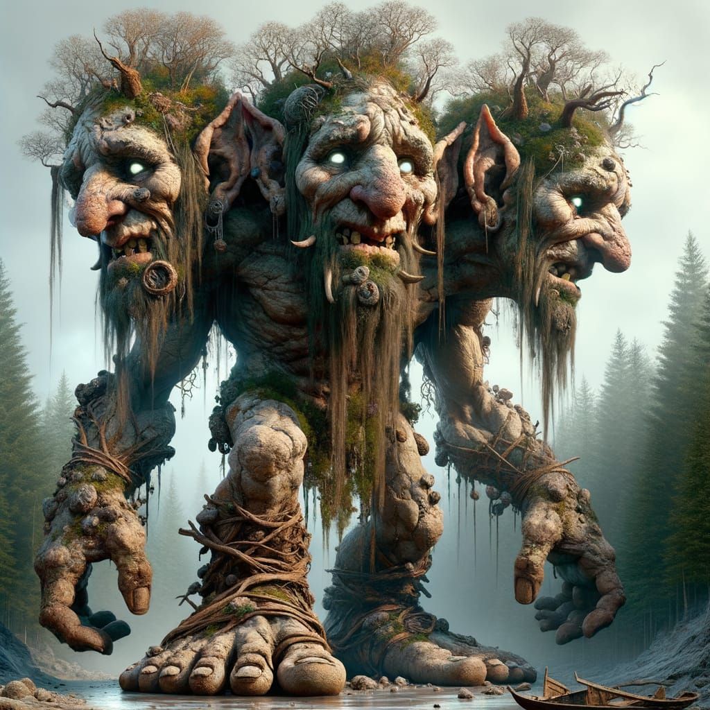 Titanic Three-Headed Troll with Forest Back