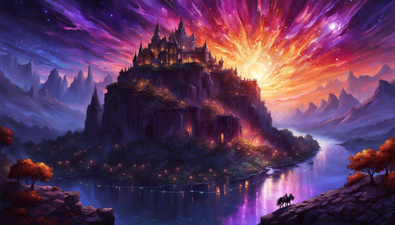 Impressionist Cliff View of Lake and Mountains at Sunset