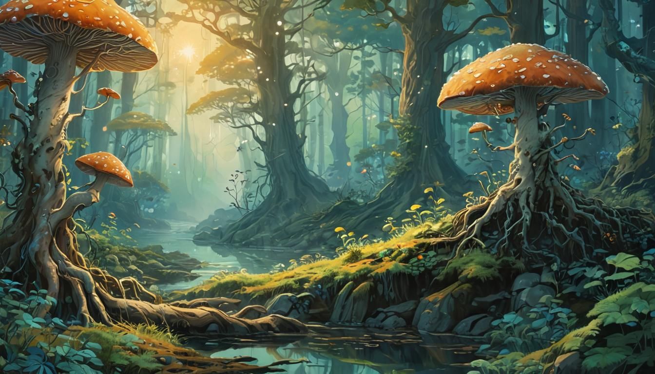 Mystical Forest Landscape in Watercolor Style