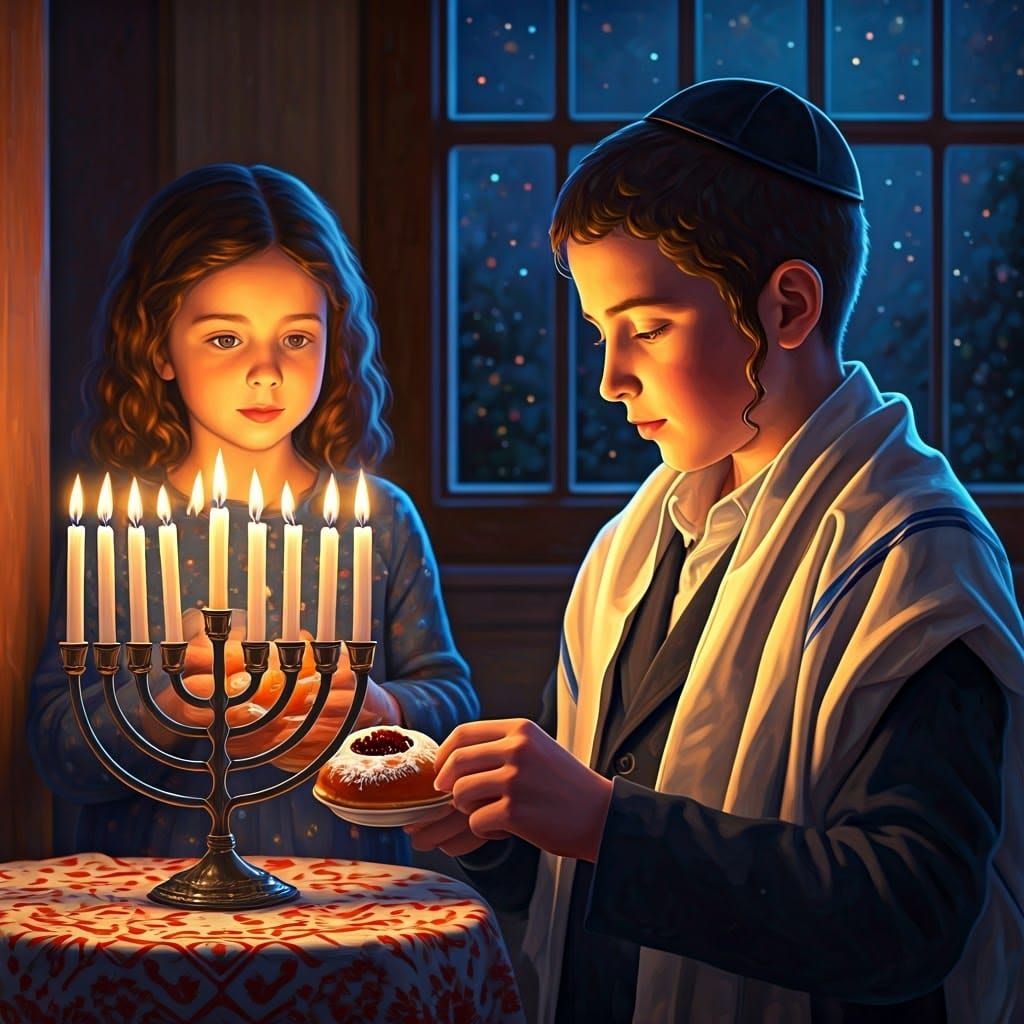 Young Chassidic Boy Ignites Hanukkah Candles in Evening Ligh...