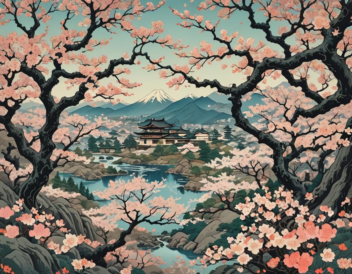 Detailed Ukiyo-e Sakura Garden in Abstract Art