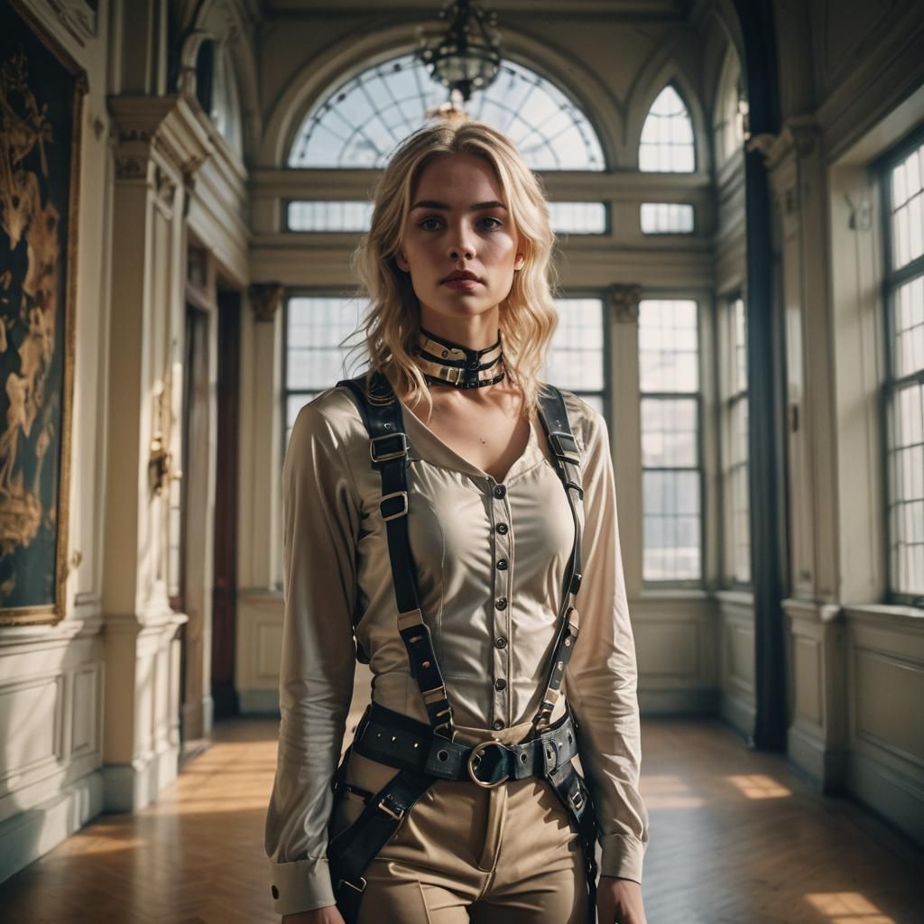 Blonde Woman in Harness: Cinematic Ballroom Scene