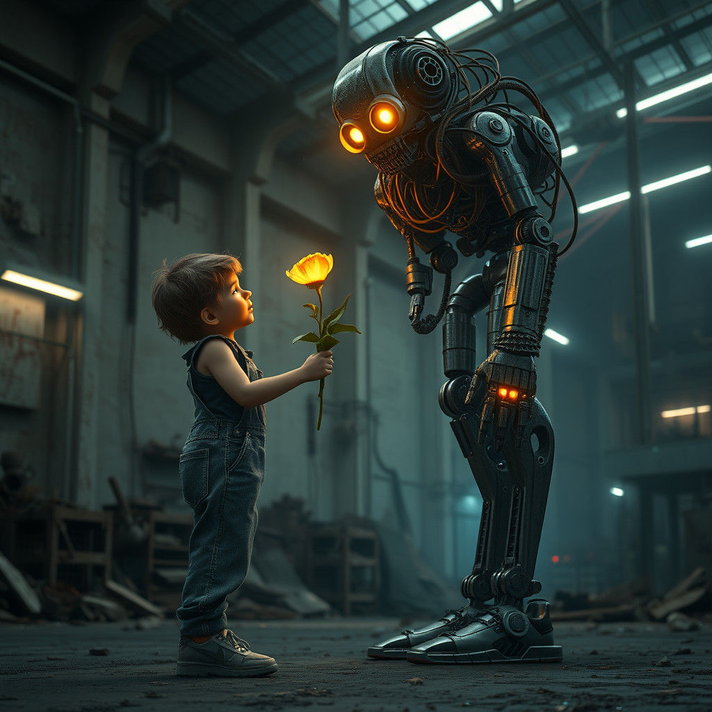 Kid Offers Flower to Robot in Dystopian Factory