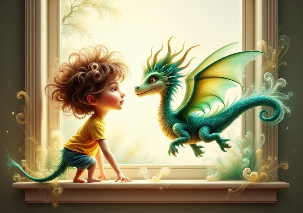 Boy and Dragon in Dreamlike Children's Illustration