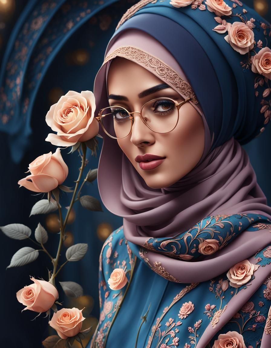 Confident Hijabi Girl with Rose Hat: Fantasy Art