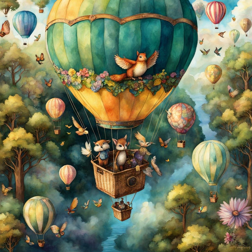 Woodland Creature's Hot Air Balloon Adventure in Mixed Media