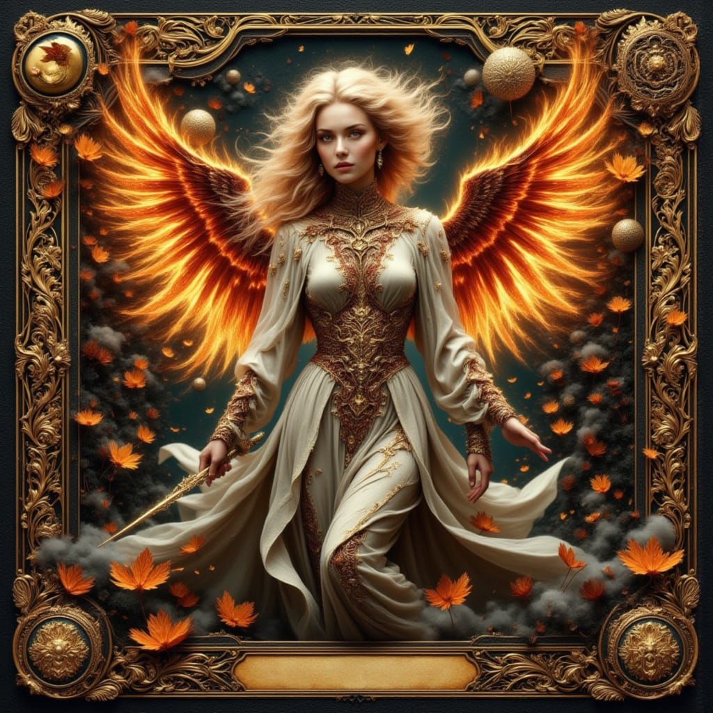 Flaming Angel Emerges from Ornate Playing Card