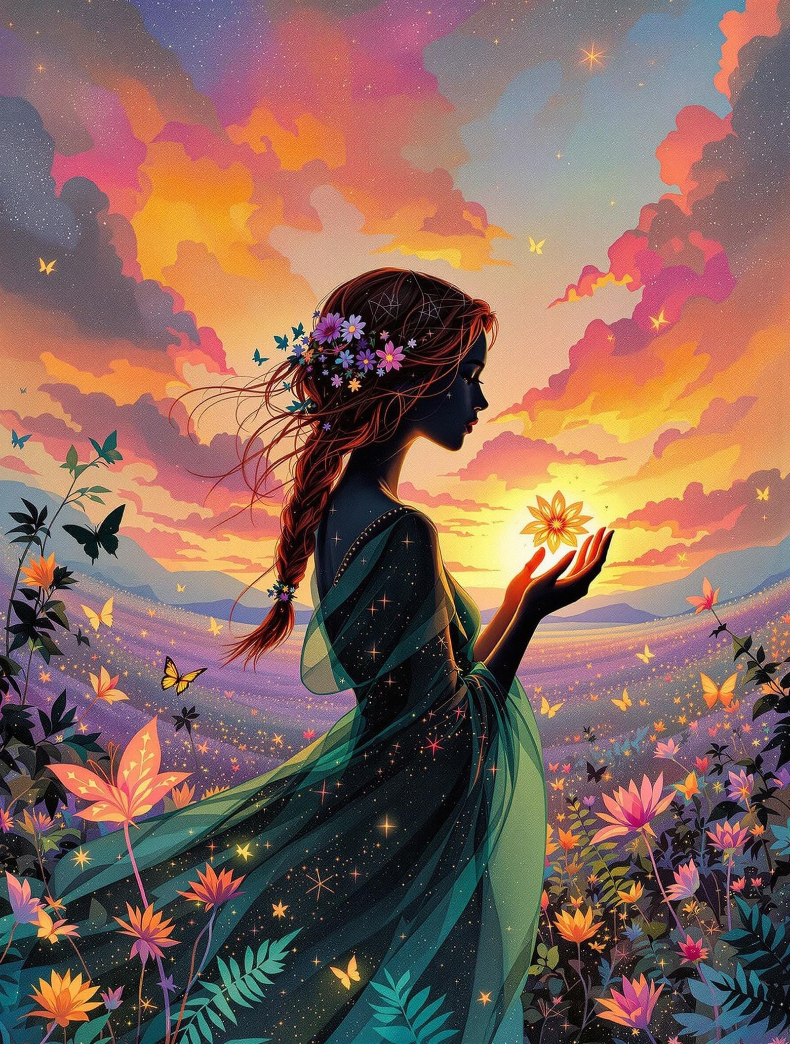 Enchanted Witch Silhouetted Against Vibrant Sunset in Whimsi...