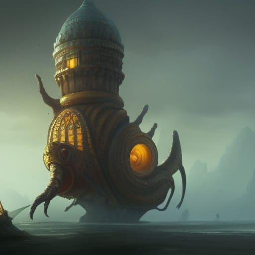 Giant Snail with Castle: Dark Fantasy Concept Art