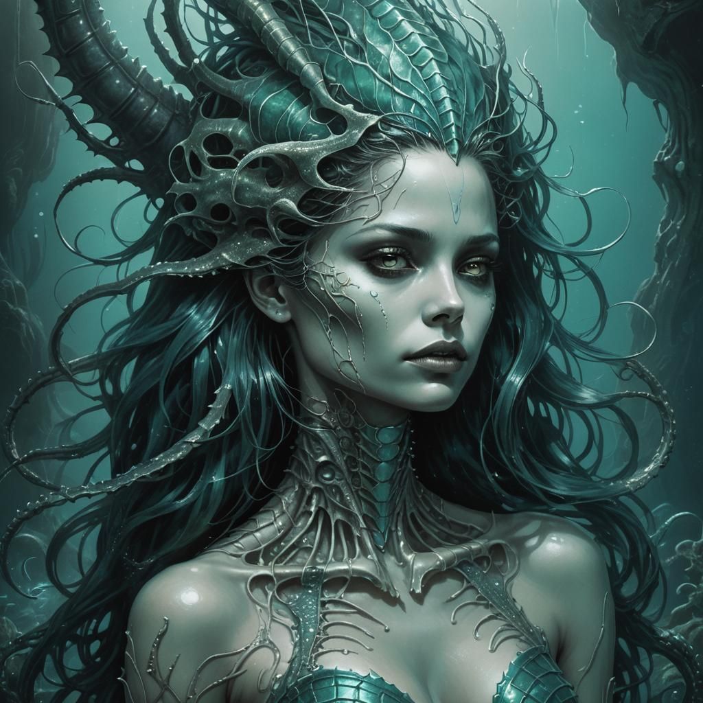 Skeletal Mermaid in Eerie Underwater Biomechanic Portrait