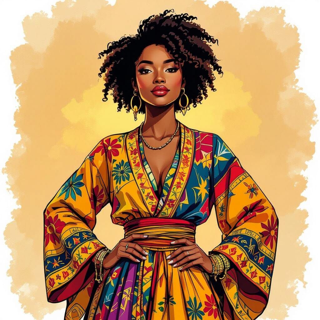 Confident African American Woman in Vibrant Traditional Dres...