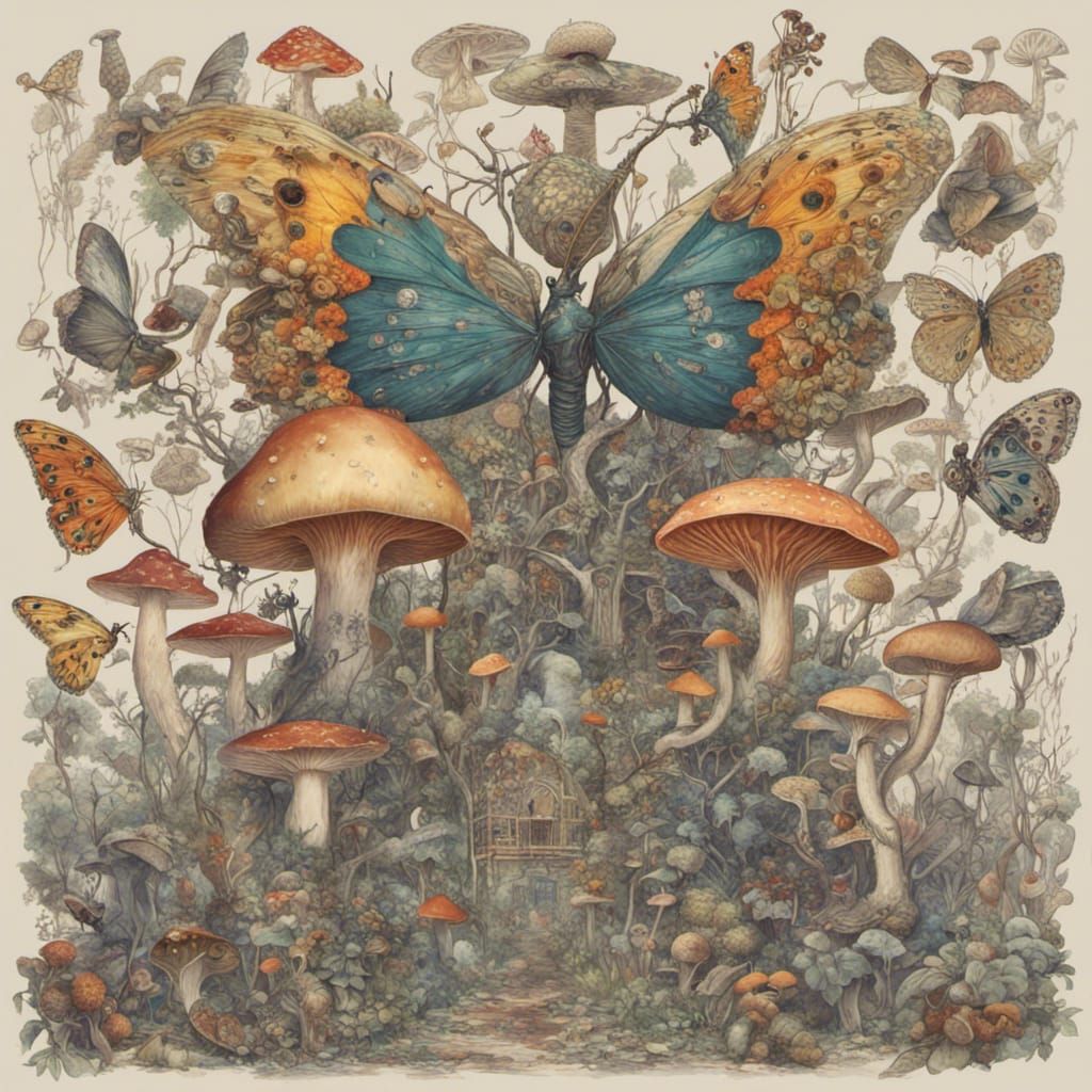Mushroom and Moth Masterpiece in Detailed Matte Painting