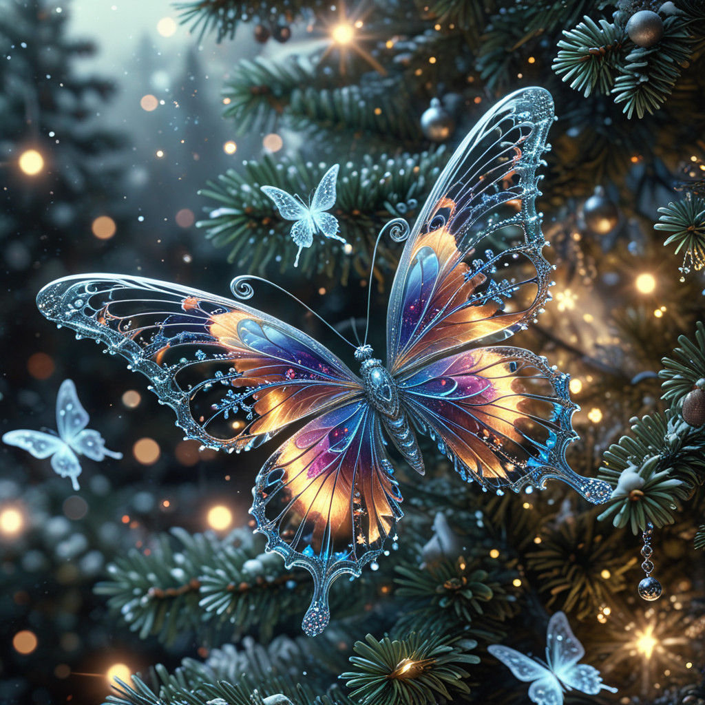 Whimsical Christmas Butterflies in Vibrant Surrealist Art