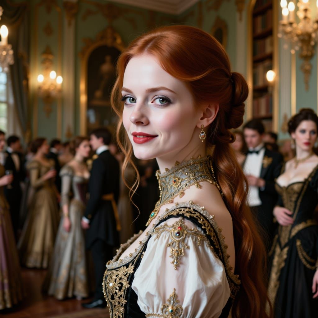 Victorian Woman in Ornate Gown at Lavish Ball