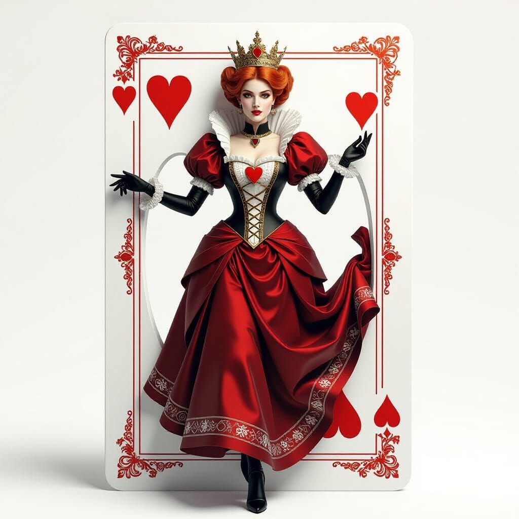 Queen of Hearts Emerges from Playing Card in Victorian Style