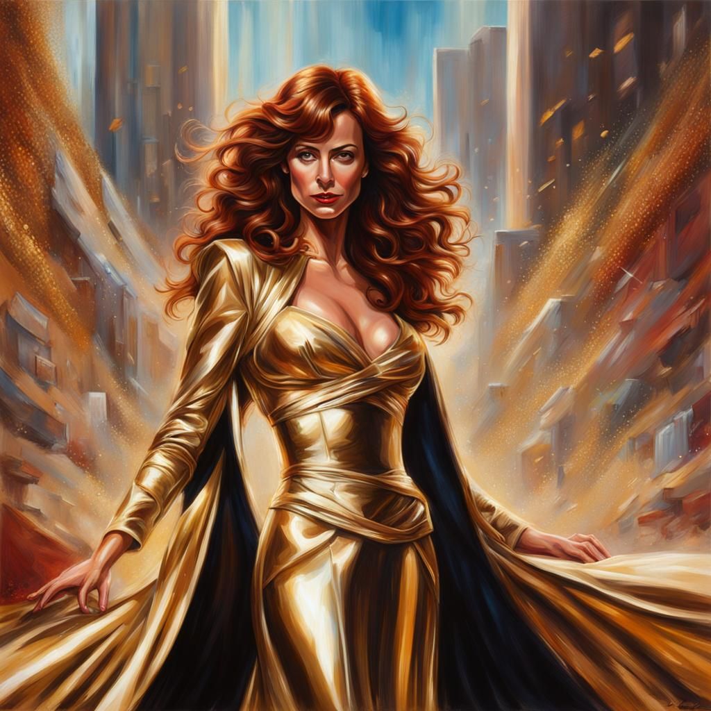 Catherine Bell in Gold Gown, Hyperrealistic Splash Art