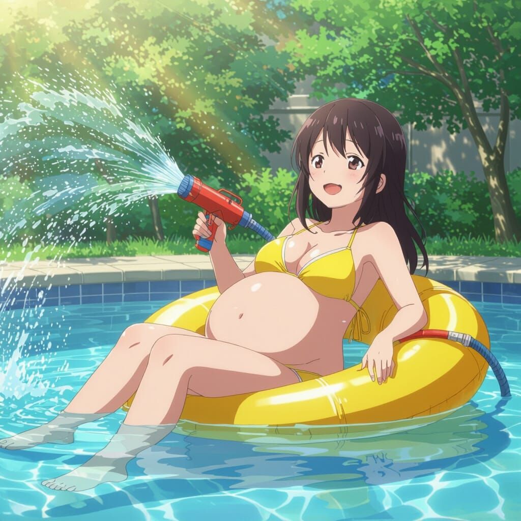 Anime Girl with Giant Hose by Pool in Summer