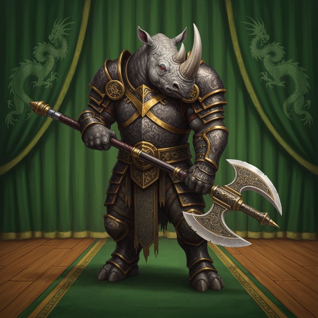 Armored Rhino Warrior with Axe in Ornate Digital Painting